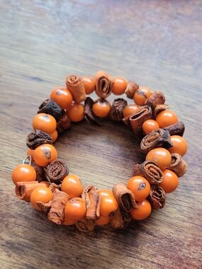 Handmade Orange Bead and Cinnamon Accent Stretch Bracelet - Women's Jewelry